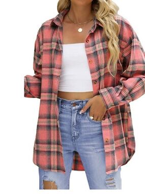 Plaid Button-Up Shirt Coat in Coral Pink